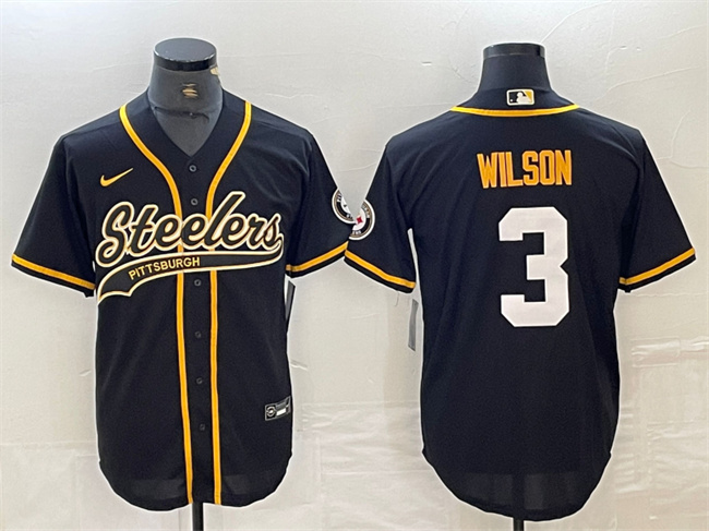 Men's Pittsburgh Steelers #3 Russell Wilson Black With Patch Cool Base Stitched Baseball Jersey Men's Pittsburgh Steelers #3 Russell Wilson Black With Patch Cool Base Stitched Baseball Jersey